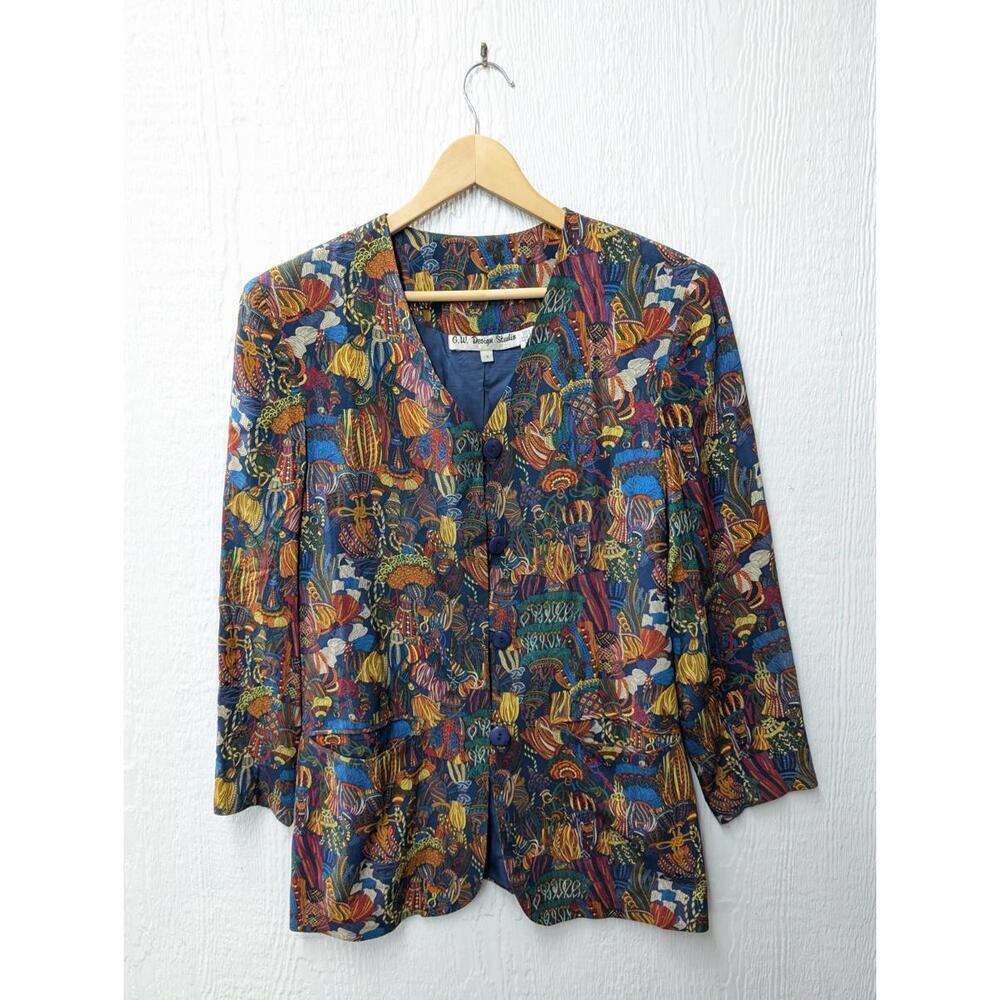 Vintage G.W. Design Studios 100% Silk Colorful Abstract Pattern Jacket Blazer Sm